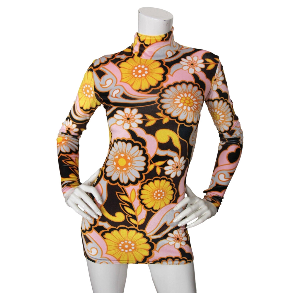 Richard Quinn Velvet Top Floral Retro 70s Print Turtleneck US 6 UK 10
